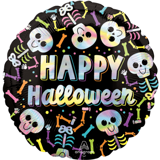 17-inch round foil balloon with colorful skeletons and bones on black background, "Happy Halloween" text in iridescent.