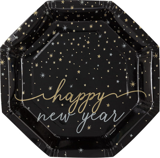 Plato de forma octogonal de 8,25 pulgadas con diseño de Año Nuevo Disco, 8 unidades