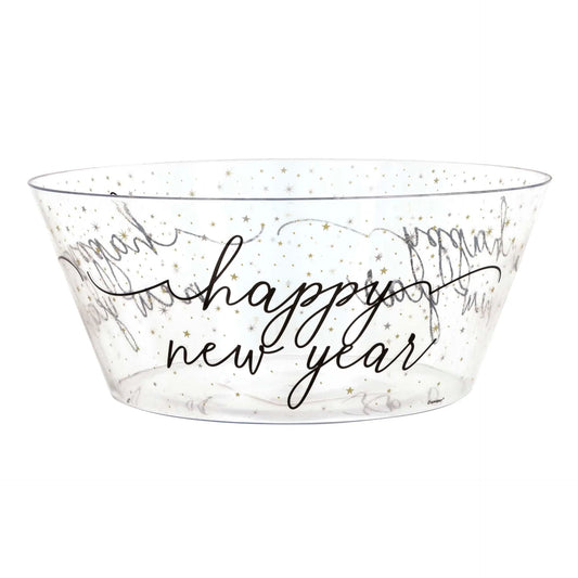Clear plastic serving bowl with gold confetti and "happy new year" script design.