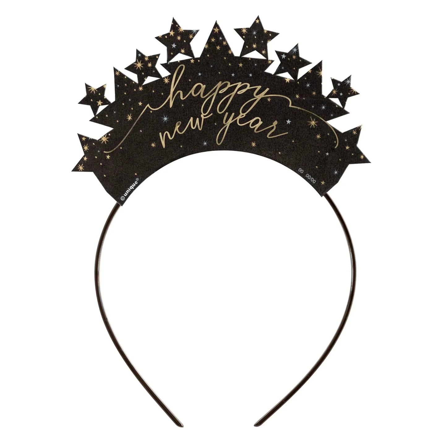 Black headband with gold glitter stars and "happy new year" script for celebration.