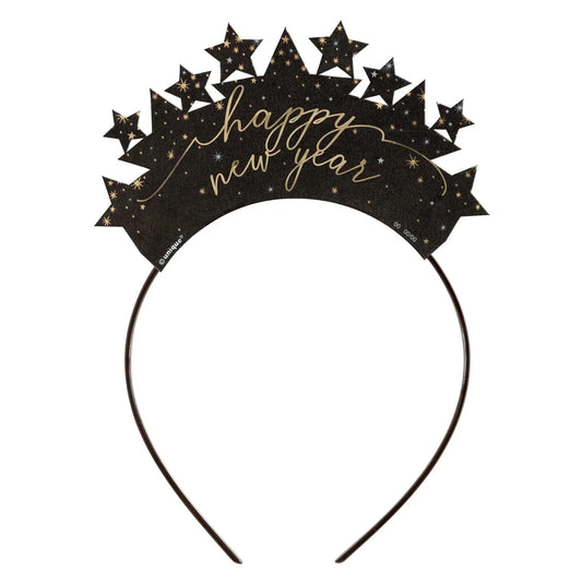 Black headband with gold glitter stars and "happy new year" script for celebration.