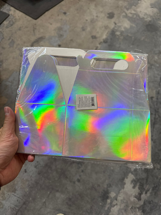 Set of three iridescent treat boxes with die-cut handles and a glossy finish.