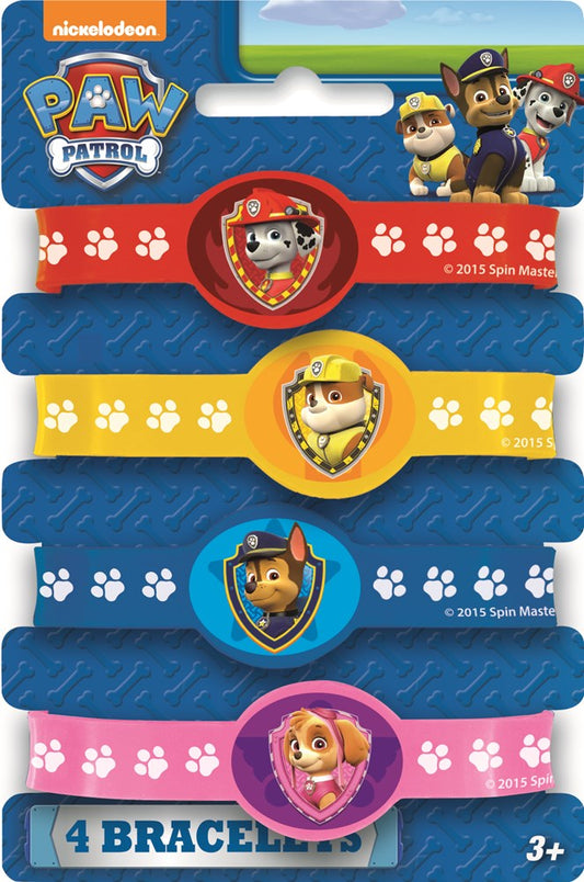 Set of four stretchy Paw Patrol bracelets in blue, yellow, and pink with character badges and white paw prints.