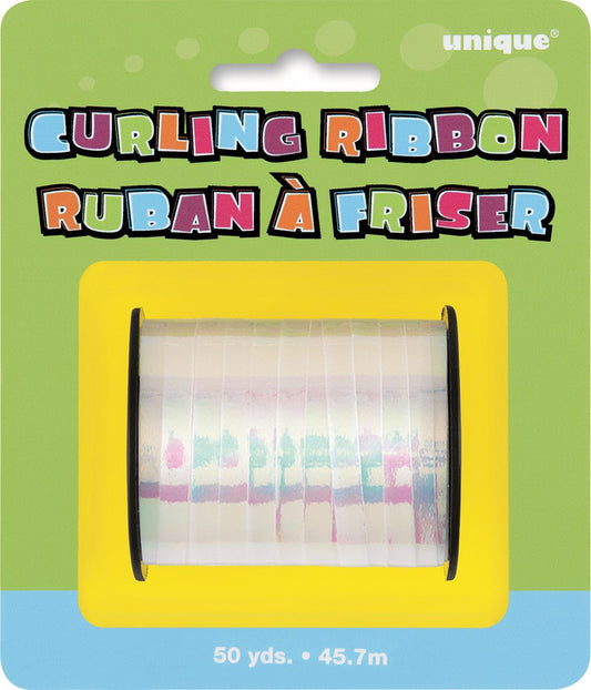 Spool of iridescent curling ribbon with shimmering pastel colors, 50 yards long on black plastic core, packaged on green and