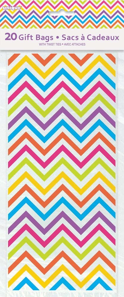 Clear cello gift bag with colorful rainbow chevron zigzag pattern in pink, blue, yellow, and green.