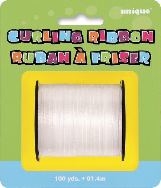 White curling ribbon spool with black edges, 100 yards long, set against colorful packaging background.