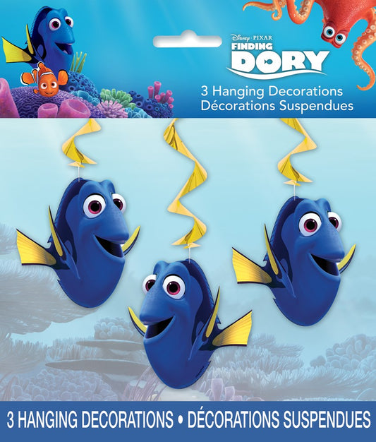 Set of three Finding Dory hanging decorations featuring Dory with blue and yellow colors and spiral yellow ribbons.