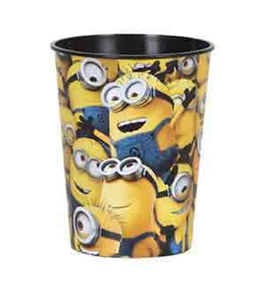 Yellow plastic cup featuring multiple Minion characters from Despicable Me wearing goggles and blue overalls, 16oz capacity.