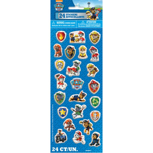Colorful Paw Patrol puffy stickers featuring characters like Chase, Marshall, Rubble, and Skye on a blue backing card.