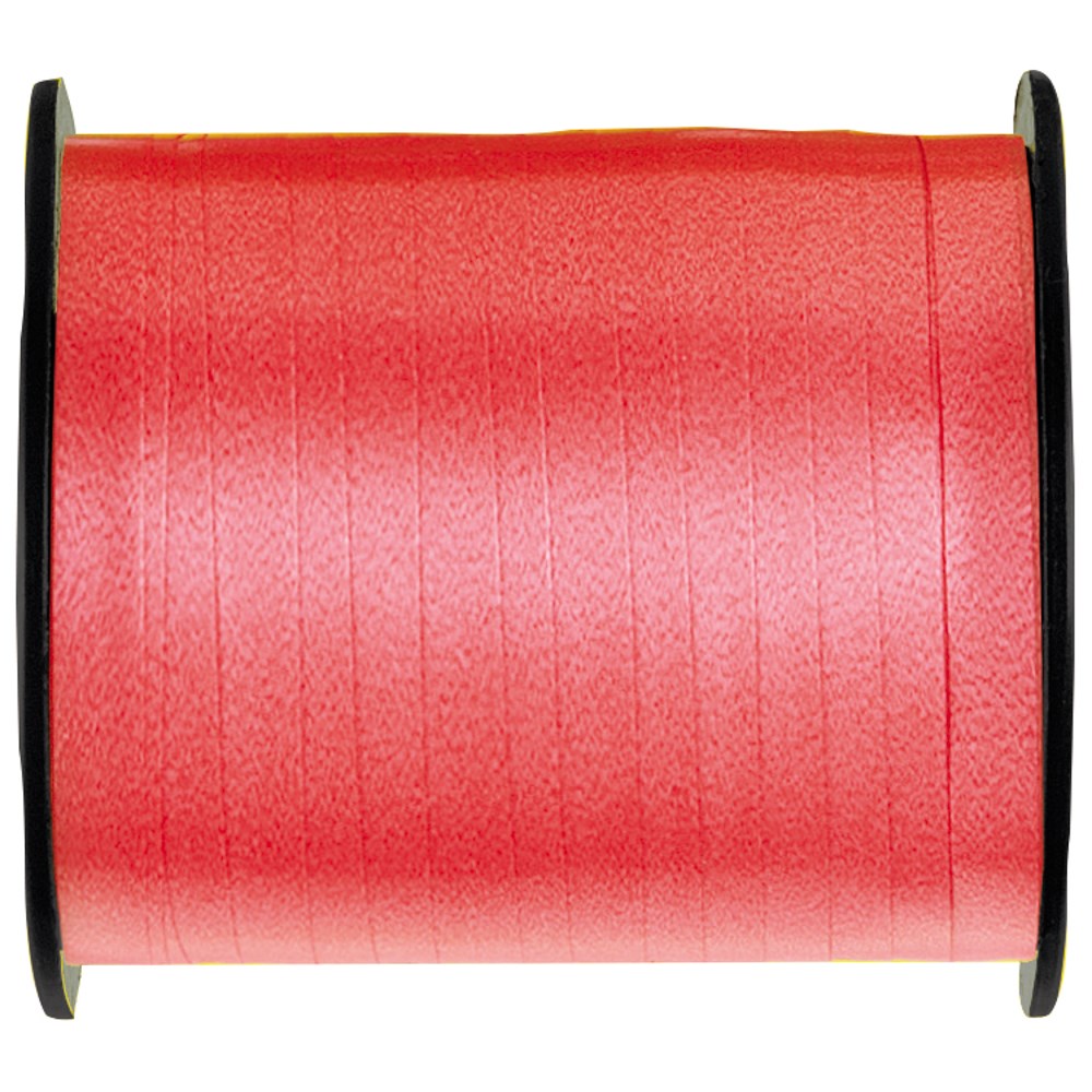 Large spool of shiny red curling ribbon wrapped tightly around black plastic core.
