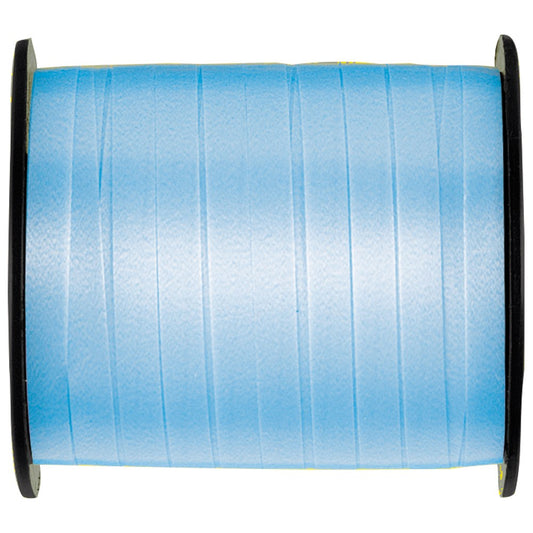Spool of baby blue curling ribbon with a smooth, glossy finish on black plastic ends.