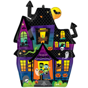 27-inch foil Halloween balloon shaped like a haunted purple and black manor with spooky windows, ghosts, pumpkins, and a.