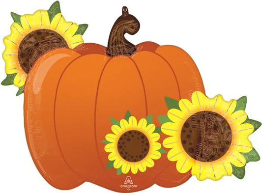 31-inch foil balloon shaped as an orange pumpkin with three yellow sunflowers attached.