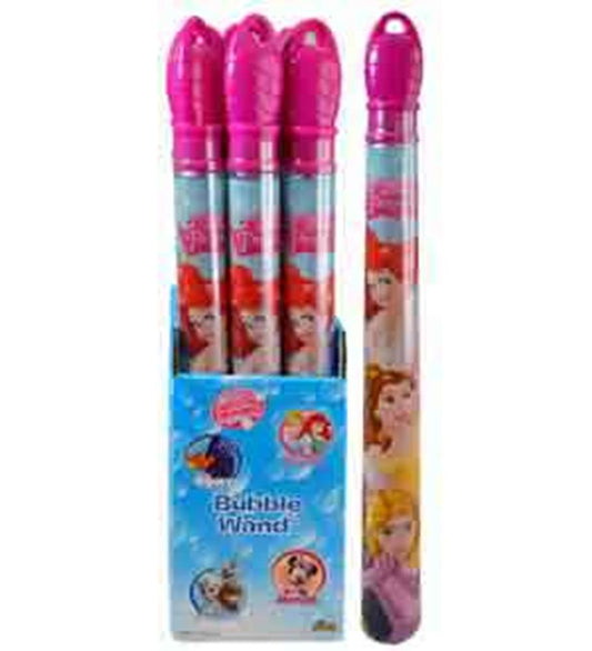 Set of six clear bubble sticks with pink caps featuring Disney princesses and blue packaging box.
