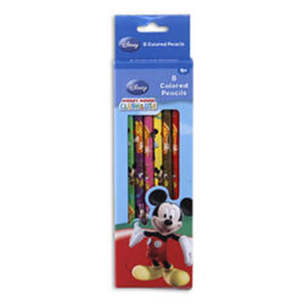 Set of 8 colored pencils with Disney Mickey Mouse-themed prints on each pencil, in a blue cardboard box featuring Mickey.