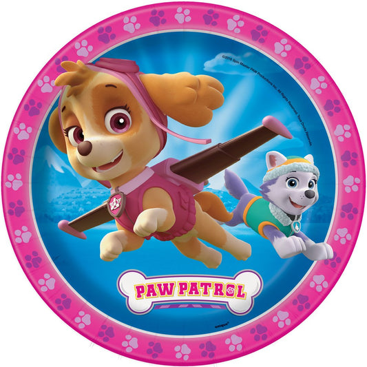 Round pink plastic plate featuring Paw Patrol characters Skye and Everest flying, with a paw print border and blue sky.