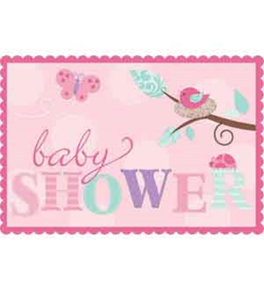 Rectangular pink baby shower sticker with scalloped edges, featuring a cartoon bird on a branch, a pink butterfly, and.