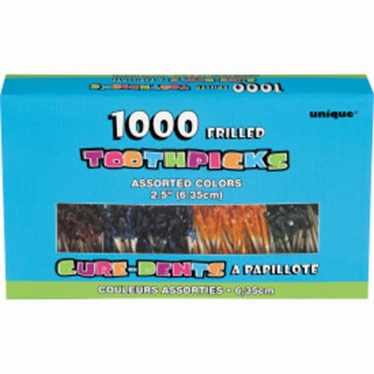 Blue rectangular box of 1000 assorted color frilled toothpicks with a clear window showing the picks inside.