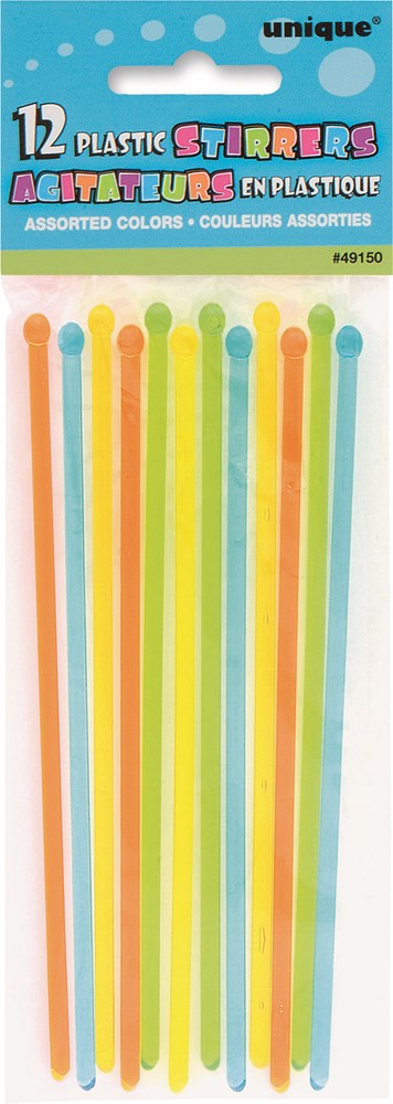Set of 12 colorful plastic stirrer sticks in pastel shades, each 6 inches long, thin and straight.