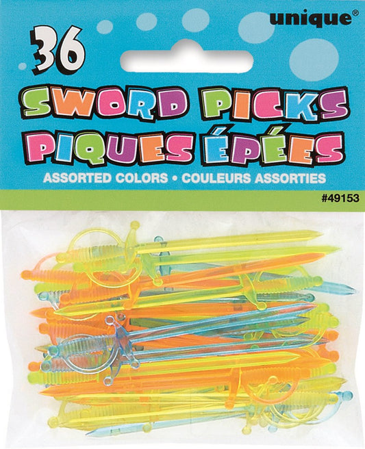 36 colorful plastic sword-shaped cocktail picks in assorted bright colors with pointed ends and decorative handles.