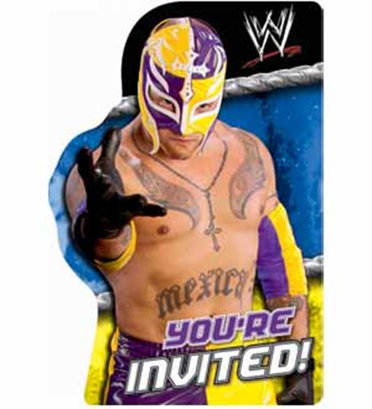 Wrestler in purple and yellow mask and gear with "You're Invited!" text on wrestling ring background.