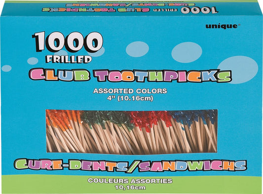 Box of 1000 assorted color frilled plastic toothpicks, 4-inch length.