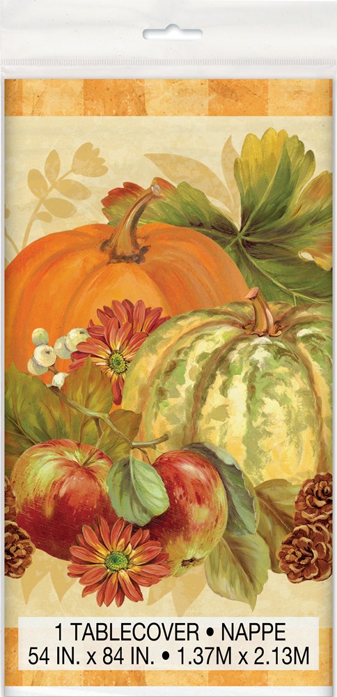 Autumn-themed tablecover with pumpkins, gourds, red apples, pinecones, and fall leaves on a beige background.