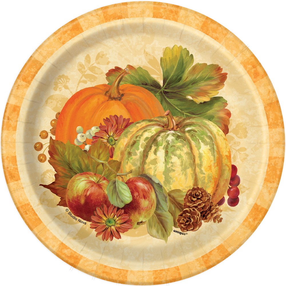 Round 7-inch paper plate with autumn pumpkin, squash, apple, berries, and pinecone design on beige background with orange.
