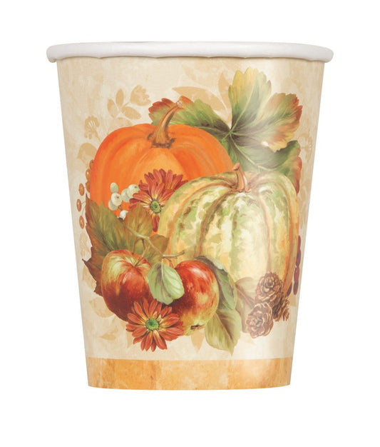 9oz paper cup with colorful autumn pumpkins, gourds, leaves, and flowers on beige background.