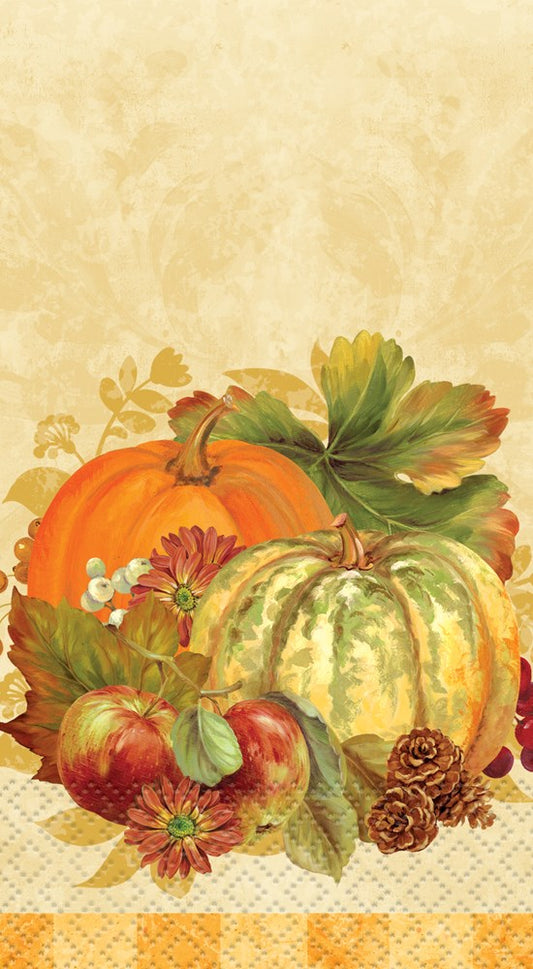 Guest napkin set with autumn harvest design featuring orange, white, and striped pumpkins, fall leaves, pinecones, and.