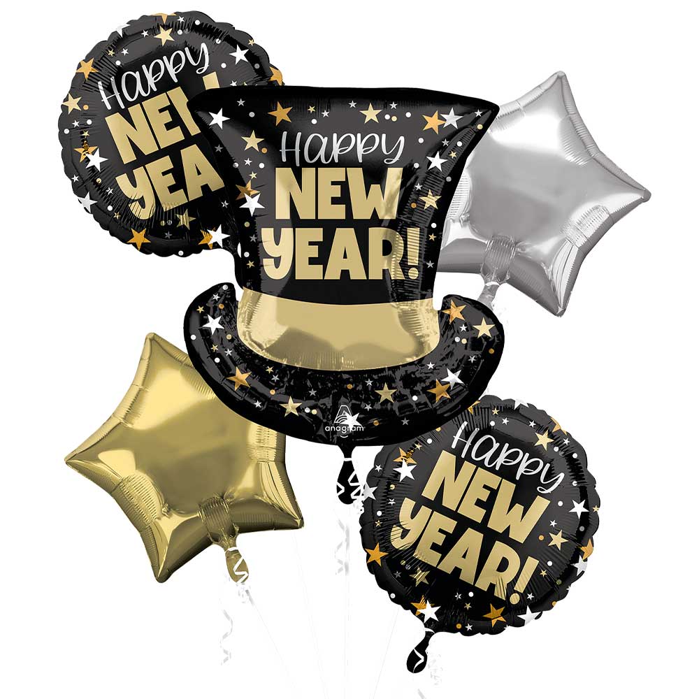 Anagram New Years Eve Top Hat Bash Foil Balloon Bouquet 5ct