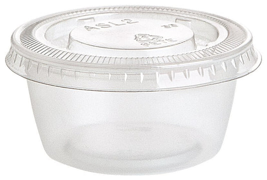 Clear plastic 2oz round gelatin shot cup with fitted lid, stackable design.