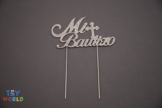 Rhinestone Cake Topper Mi Bautizo 5inWx3inH Silver