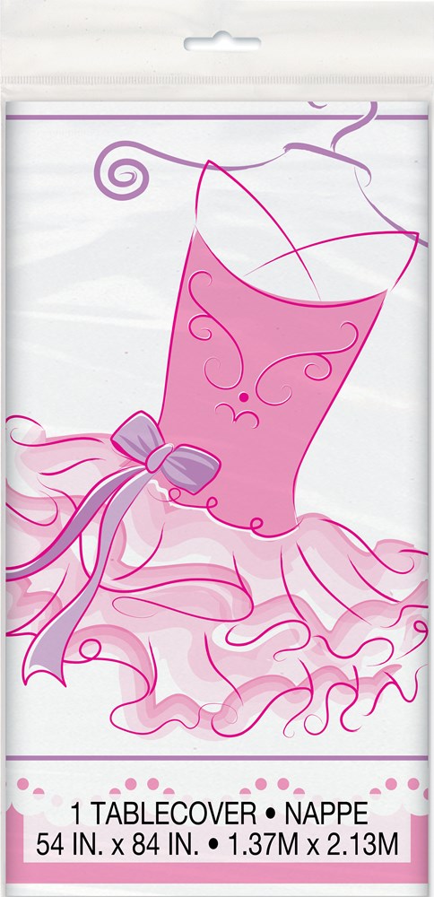Pink ballerina-themed tablecover with tutu and bow design, measures 54 x 137 inches.