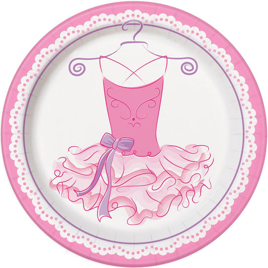 Round pink paper plate with a ballerina tutu dress illustration and a decorative lace-like border.