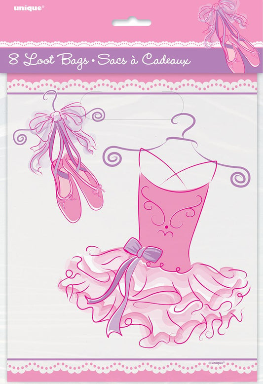 Set of eight pink ballerina-themed loot bags featuring ballet slippers and tutu designs with lace accents.