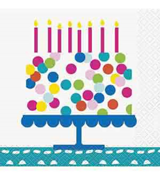 Square napkin with colorful confetti dots, pink birthday candles, and blue cake stand design.