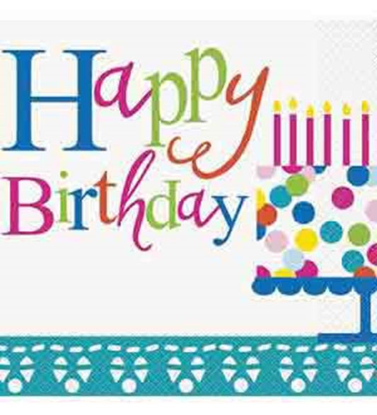 White napkin with colorful "Happy Birthday" text and a polka dot birthday cake illustration with six lit pink candles.