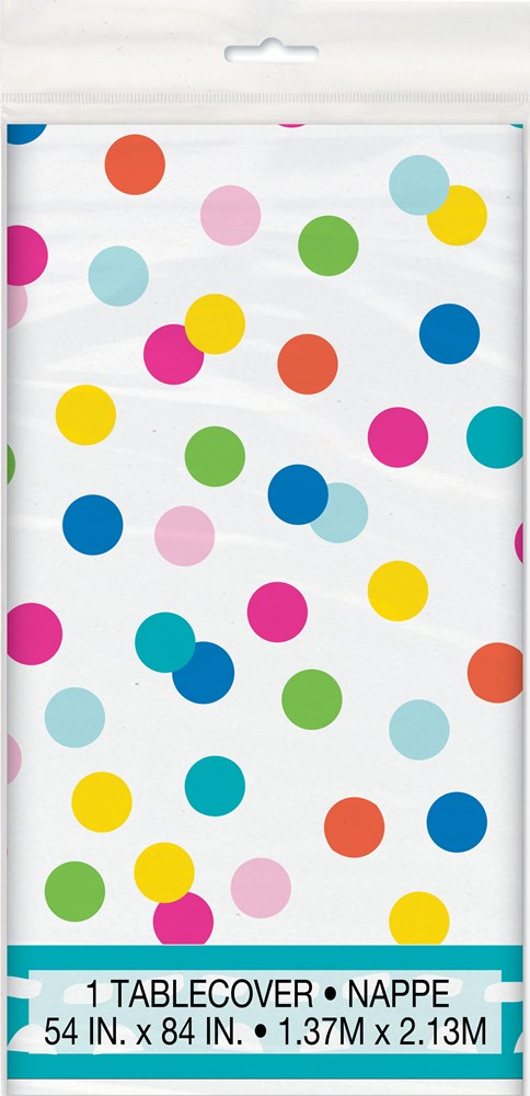 White rectangular tablecover with colorful confetti dots in various sizes and bright colors.
