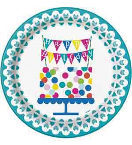 White round paper plate with turquoise scalloped edge, multicolored confetti dots, and a birthday cake graphic topped with a