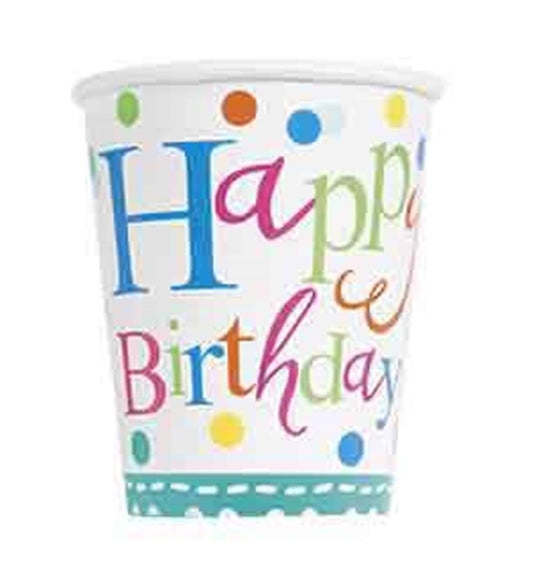 White paper cup with colorful "Happy Birthday" text and multicolored confetti dots design.
