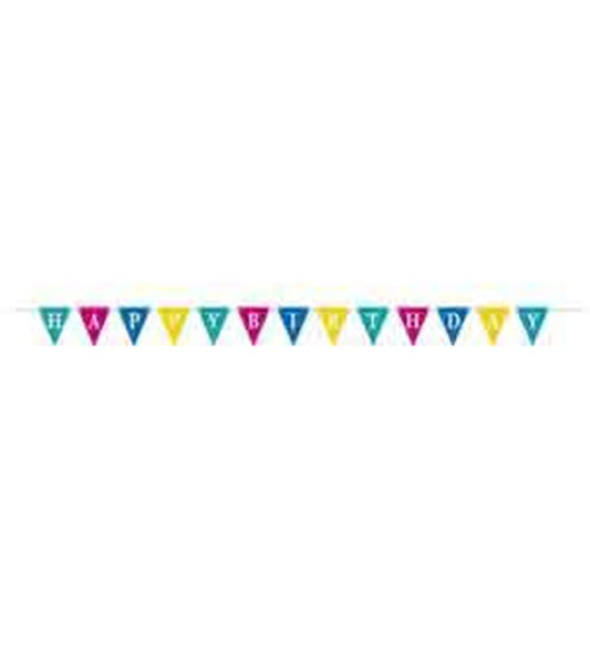 Colorful triangular flag banner with alternating blue, pink, and yellow flags spelling out "HAPPY BIRTHDAY" in white.