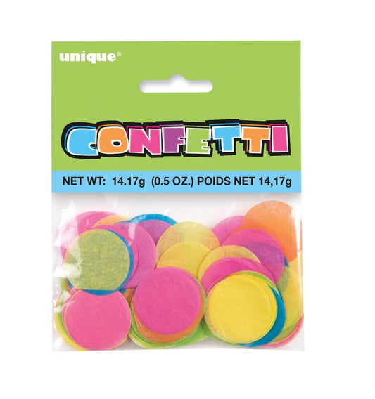 Small clear plastic bag of circular paper confetti in bright pink, yellow, blue, green, and orange with colorful "CONFETTI".
