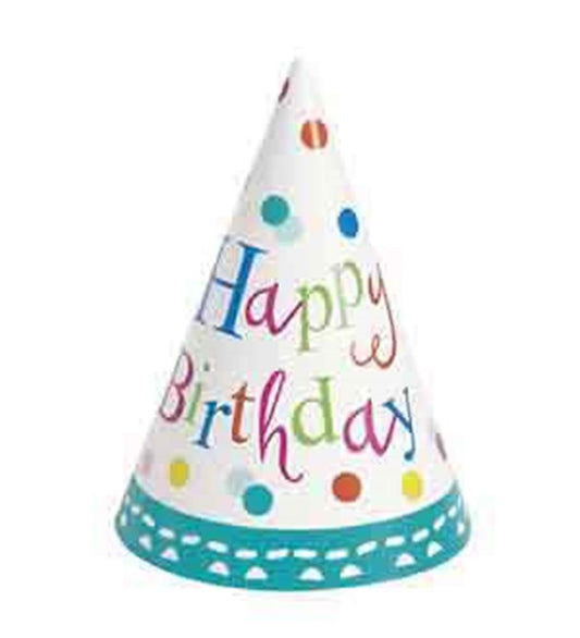 White cone-shaped birthday party hat with multicolored confetti dots and "Happy Birthday" text, teal base trim with white.