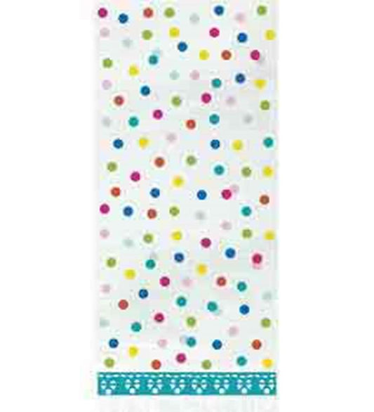 Clear cello bag with colorful confetti dots in blue, green, pink, and orange, and a decorative teal lace-like border at the.