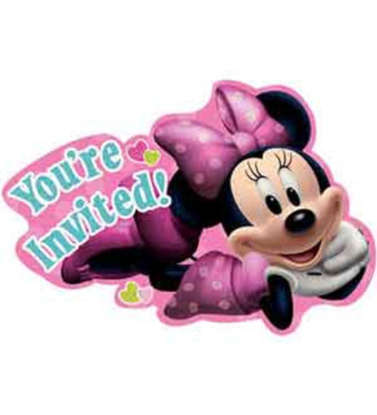 Pink Minnie Mouse invitation card shaped like Minnie with a large pink polka-dot bow and teal "You're Invited!" text.