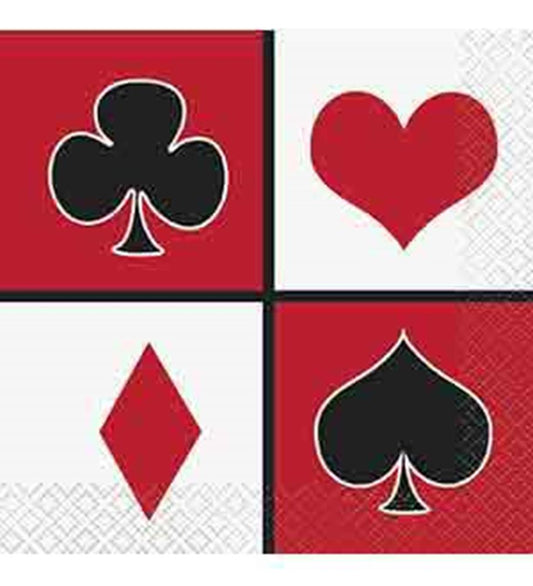 Red and white casino-themed napkin with black club, red heart, red diamond, and black spade symbols.