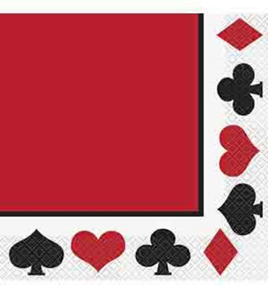 Red square napkin with black border and casino card suit symbols along one edge.