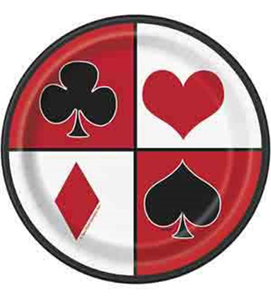 Round paper plate with red and white quadrants, featuring black club and spade and red heart and diamond card suit symbols.