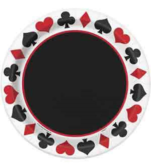 Round party plate with black center, bordered by alternating red hearts and diamonds and black clubs and spades on white.